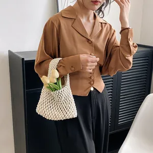 Brown long-sleeve notched lapel satin shirt with waist-slimming fit and hollow woven bag