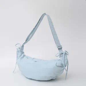 Women Large Capacity Nylon Crescent Crossbody Bag Korean Style Pleated Drawstring Shoulder Bag For Daily Commuting Office
