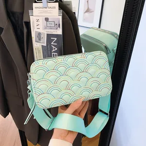 Fashion Women PU Leather Crossbody Bag Rainbow Wave Stitching Camera Bag Wide Strap Tassel Shoulder Bag Casual Daily Purse