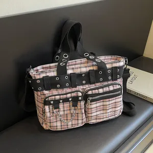 Large Capacity Canvas Plaid Tote Bag For Women Punk Y2K Style With Metal Chain Rivet Crossbody Shoulder Bag Handbag