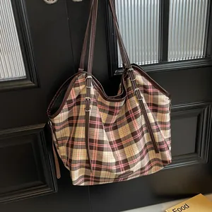 Women Plaid Canvas Tote Bag Large Capacity Polyester Shoulder Bag With PU Leather Handle Contrast Color Handbag Casual Bag