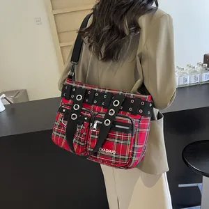 Retro red plaid tote bag with punk metal eyelets and double zipper pockets on shoulder