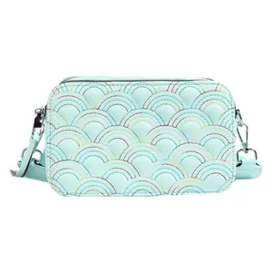 Chic light blue PU crossbody bag with multi-color rainbow quilted stitching details