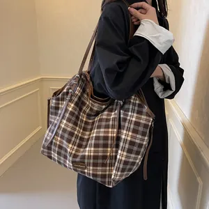Large capacity canvas plaid tote bag with brown leather straps for autumn college commute