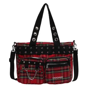 Retro red plaid tote bag with silver rivets, metal chains and adjustable shoulder straps