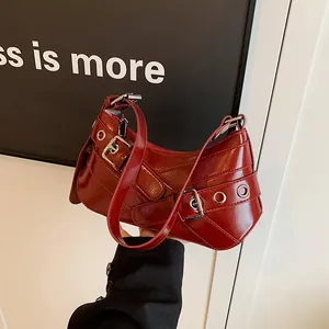 Women Retro Shiny PU Leather Underarm Bag Vintage Y2K Punk Shoulder Bag With Metal Buckle Grommet Fashion Crossbody Bag