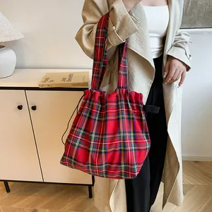 Red tartan check pattern large tote bag with drawstring closure for casual wear