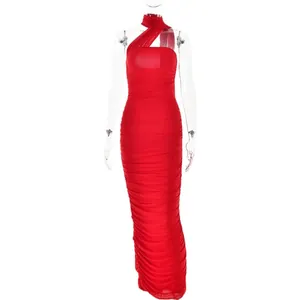 Robe longue rouge moulante à volants avec col Bardot et design ajusté élégant pour femme