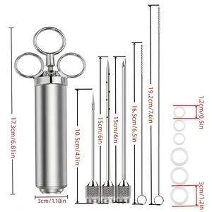 Seringue à viande en acier inoxydable 304 avec aiguilles et brosses de nettoyage