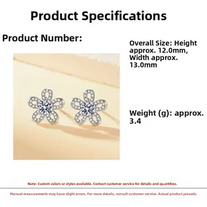 Detailed view of silver flower earrings showing 12.0mm height and 13.0mm width dimensions