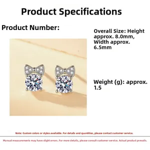 Detailed macro view showing silver bow earrings with sparkling cubic zirconia and dimensions