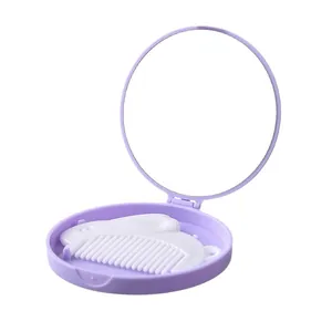 Portable cute rabbit folding travel mirror and comb set in purple minimalist casing