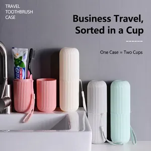 Portable travel toothbrush storage case and mouthwash cup set with lanyard in four colors