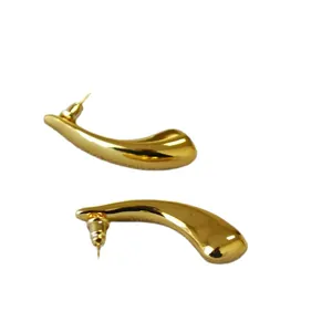 Polished gold horn-shaped drop earrings with a minimalist hollow teardrop design for women