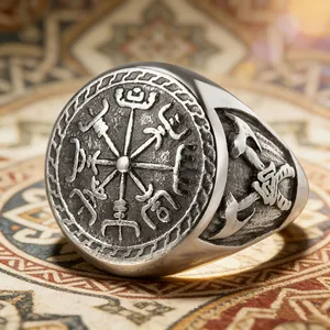 Vintage Wikinger Vegvisir Kompass Siegelring für Herren in antikem Silberstahl-Finish