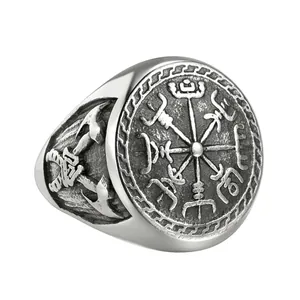 Vintage Wikinger Vegvísir Kompass Ring aus Edelstahl mit Doppelaxte-Schnitzereien