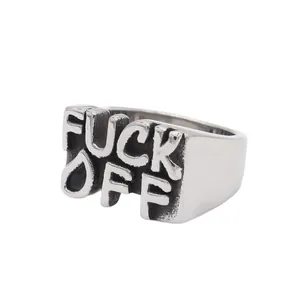 Retro punk style silver stainless steel ring featuring embossed FUCK OFF lettering