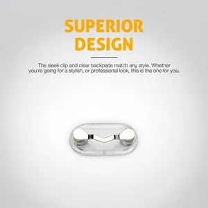 Macro detail of magnetic eyeglass holder with sleek silver clip and clear backplate