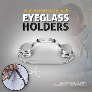 Macro view of magnetic eyeglass holder showing metallic V-shape clip and secure base