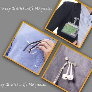 Magnetic eyeglass holder shown securing glasses and ID badges on clothing collar