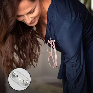 Magnetic V-shaped eyeglass holder with rhinestones on clothing for hands-free convenience