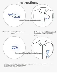 Instruction manual showing how to fix the magnetic eyewear holder on clothes step by step