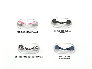 Detailed set of magnetic eyeglass holders in floral, carbon fiber, and chameleon patterns