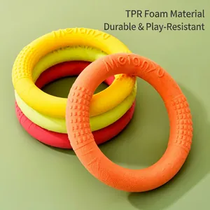 Three colorful TPR foam dog flying discs and training rings for interactive fetch play