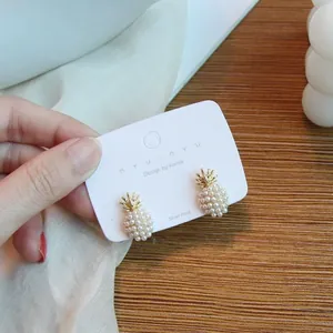 French vintage pineapple pearl stud earrings with gold leaves and silver posts
