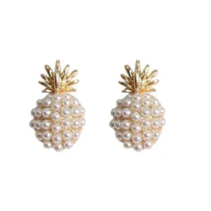 French vintage pineapple stud earrings with gold leaves and white pearl embellishments