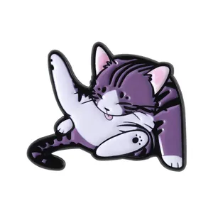 Enamel lapel pin featuring a cute purple and white striped cat licking its paw
