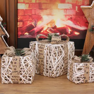 Three-piece set of white LED Christmas gift box decorations with burlap bows and pine needles