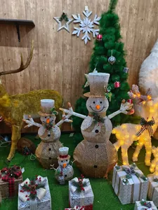 Three-piece set of illuminated Christmas snowman decorations in golden and white glitter finish