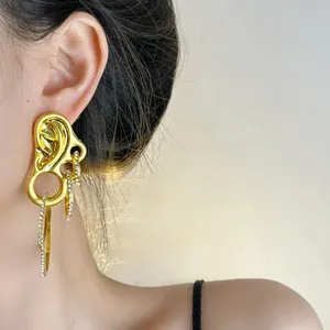 Vintage gold ear-shaped crawler earrings with sparkling zircon tassels and avant-garde style