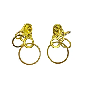 Vintage style gold ear-shaped earrings with layered dangling rings and crystal accents
