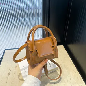 Women Mini Handbag Glossy PU Leather Flap Crossbody Bag Double Handle Small Square Purse Fashion Solid Color Daily Bag