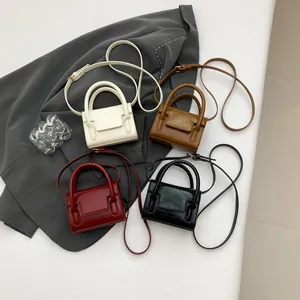 Mini PU leather square handbags in white, brown, red, and black with top handles