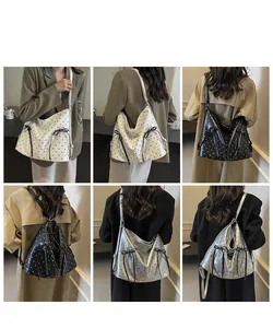 Detailed views of stylish polka dot tote bag with bow detail on models in several colors