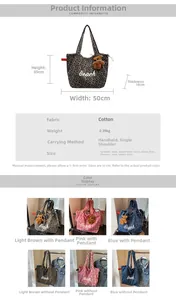 Detailed size specifications and color options for the leopard print canvas tote bag