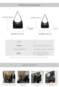 Guide des tailles pour sac bandoulière matelassé en PU avec dimensions et détails techniques