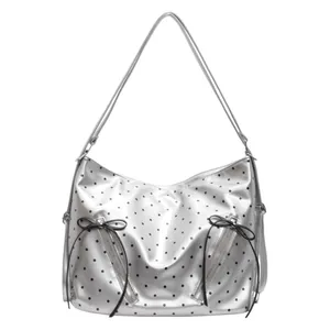 Stylish silver polka dot tote bag with large capacity and decorative black silk bows