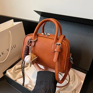 Women Vintage PU Leather Boston Bag Large Capacity Shoulder Bag With Baseball Charm Commuting Pillow Handbag For Daily Work