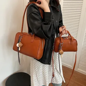 Retro caramel brown faux leather shoulder bag and small handbag set for women