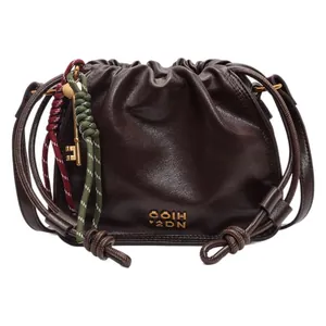Retro brown leather drawstring bucket bag with mountain rope and bronze key charm
