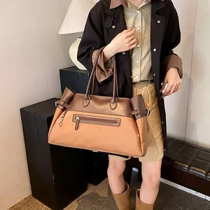 Large color-block nylon tote bag with leather straps for women commuting