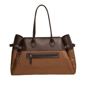 Brown nylon patchwork tote bag with large capacity and stylish leather handles