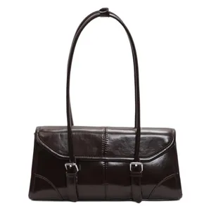 Borsa a spalla retrò marrone scuro in pelle cerata rettangolare con fibbie argentate