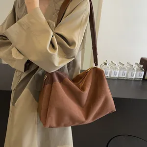 Women Minimalist Suede Shoulder Bag Large Capacity Crossbody Handbag Vintage Boston Style Daily Commute Tote Office Purse