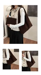 Detail of vintage brown suede tote bag set showing large capacity and soft texture