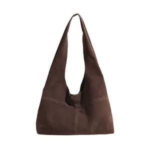 Vintage large brown suede tote bag with minimalist hobo design for women in autumn and winter